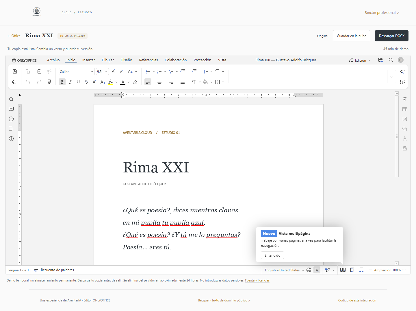 Vista del editor ONLYOFFICE de AventarIA Cloud